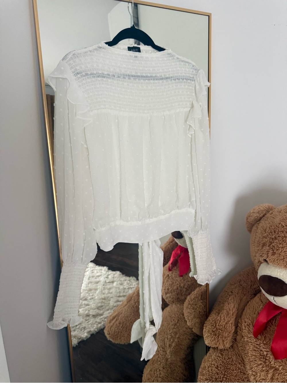 Bardot White Sheer Swiss Dot Ruffle Blouse